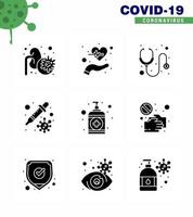 9 Solid Glyph Black Coronavirus Covid19 Icon pack such as hand transmission pulses petri stethoscope viral coronavirus 2019nov disease Vector Design Elements