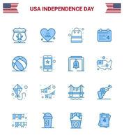 Set of 16 Modern Blues pack on USA Independence Day ball american bag date calender Editable USA Day Vector Design Elements