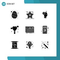 Pack of 9 creative Solid Glyphs of controller love star balloon office Editable Vector Design Elements