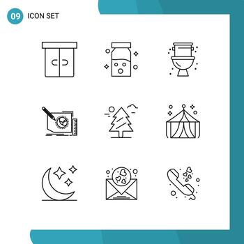 Pack of 9 creative Outlines of forest page mechanical frame content Editable Vector Design Elements