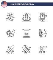 9 USA Line Pack of Independence Day Signs and Symbols of scroll frise washington bottle mobile Editable USA Day Vector Design Elements