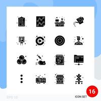 Pack of 16 Modern Solid Glyphs Signs and Symbols for Web Print Media such as water bottle report beverage working Editable Vector Design Elements