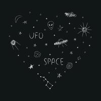 Doodle heart-shaped cosmos illustration set in childish style with lettering, design clipart. Hand drawn abstract space elements. Black and white. vector