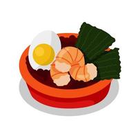 Colorful Asian dish. Soup with shrimp, nori and egg. Food vector cartoon