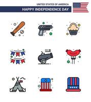 Pack of 9 USA Independence Day Celebration Flat Filled Lines Signs and 4th July Symbols such as garland decoration weapon buntings celebration Editable USA Day Vector Design Elements