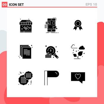 conjunto de glifos sólidos de interfaz móvil de 9 pictogramas de documento de placa de papel de análisis elementos de diseño de vector editables de regreso a la escuela