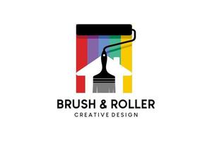 Paint roller and brush silhouette logo design combined with rainbow color concept, wall paint logo, house and building vector