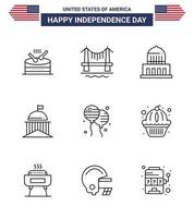 Big Pack of 9 USA Happy Independence Day USA Vector Lines and Editable Symbols of bloon ireland building green city Editable USA Day Vector Design Elements