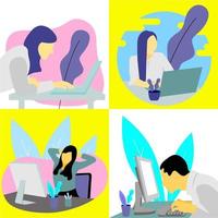 Vector design set of people working in front of computers and laptops