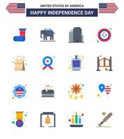 USA Independence Day Flat Set of 16 USA Pictograms of usa bag office badge celebration Editable USA Day Vector Design Elements