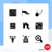 Pack of 9 creative Solid Glyphs of buildings night pendulum box motion Editable Vector Design Elements