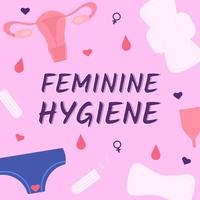 banner, poster, stickers on the theme of the female period with pads, tampon, menstrual cup, underpants, uterus and text Feminine hygiene on pink background vector