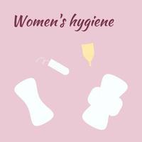 Icons, buttons, stickers with different pads, tampon, menstruation cup and text Women's hygiene on pink background vector