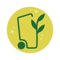 icono, pegatina, botón sobre el tema del reciclaje con un bote de basura con una planta de fondo redondo amarillo vector