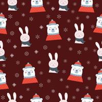patrón impecable con oso blanco navideño con sombrero rojo y suéter y conejo sobre fondo violeta oscuro vector