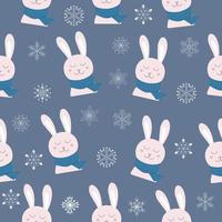 Seamless pattern with winter christmas pink Rabbit on scarf on dark blue background with snowflakes vector