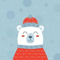 Christmas postcard with cute bear on a red scarf and sweater on a blue background with snowflakes vector