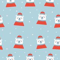 Seamless pattern with Christmas white bear in a red hat and sweater on blue background vector