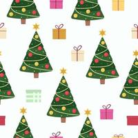 Seamless pattern with Christmas tree and gifts on a white background. The illustration can be used for packaging, clothes, banners. vector