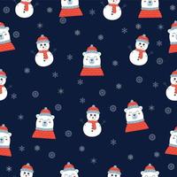 Seamless pattern with Cute smiling snowman and bear in a red hat and scarf on dark background vector