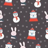 Seamless pattern with Christmas white bear in a red hat and sweater, snowman and rabbit on dark violet background vector