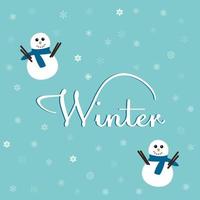 Winter postcard with cute snowmans and text Winter on blue background with snowflakes. vector