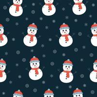 Seamless pattern with Cute smiling snowman in a red hat and scarf on dark background vector