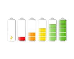 Discharged and fully charged battery. Battery charge indicator icons. Phone battery charging level. Set of color charge power. Battery charge from empty to low. Vector Illustration isolated on white