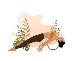 Young girl demonstrating upward plank pose with nature and leaves background. Flexible woman doing purvottanasana yoga pose with wheel. Yoga wheel training pose. Vector illustration