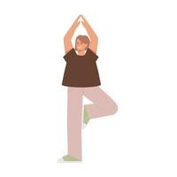 Young girl practicing yoga exercises. Woman doing asana, standing in Tree Pose. Parent. Flat vector illustration isolated on white background