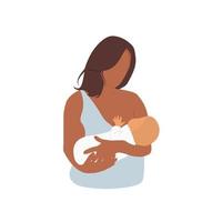 mujer de piel oscura amamantando a un bebé recién nacido. madre sosteniendo a su hijo. mamá alimentando al bebé con leche materna. ilustración vectorial aislado sobre fondo blanco