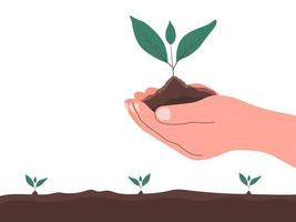 A hand holds a small tree for planting. Palms hold the soil with green sprout. World Soil Day. Vector Illustration isolated on the white background