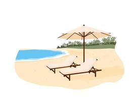 Luxury sand beach. Sea resort with two beach chairs. Seacoast with sunbeds and umbrella in summer. Vector illustration isolated on white background