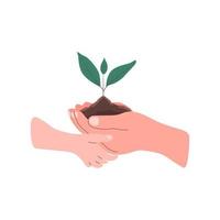 A hand holds a small tree for planting. The adult's and child's palms hold the soil. World Soil Day. Vector Illustration isolated on the white background