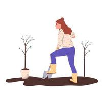 mujer cavando suelo con pala. niña plantando árboles. futuro verde concepto de cuidado del medio ambiente. ilustración vectorial aislada en el fondo blanco vector