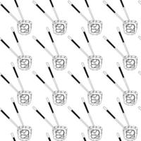 Seamless vector pattern with black and white line art sushi rolls and chopsticks. Asian food background
