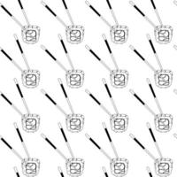 Seamless vector pattern with black and white line art sushi rolls and chopsticks. Asian food background