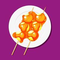 postre de dango japonés con tres bolas con salsa de dibujos animados. Ilustración de vector de dango sobre fondo blanco.