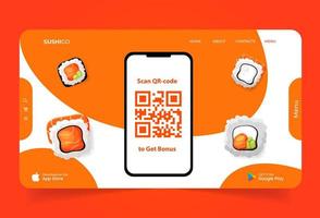 página de inicio con aplicación prototipo de teléfono con sushi y código qr para sitio web. página de destino con comida asiática vector