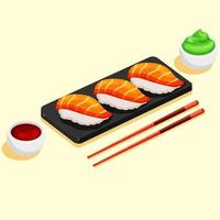 Cartoon sashimi with salmon, wasabi dip, and soy sauce with wooden chopsticks. Stone tray with Asian seafood vector