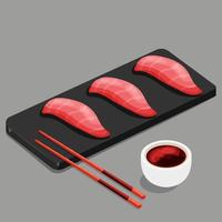 rodajas de atún de dibujos animados sobre la bandeja de piedra con palillos de madera y salsa de soja. comida japonesa asiática. ilustración vectorial aislada vector
