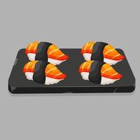 Cartoon sashimi with salmon and nori lying on the Stone plate. Vector illustration of Asian seafood