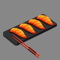 Cartoon sushi salmon slices lying on the stone tray with wooden chopsticks. Asian Japanese food. Isolated vector illustration