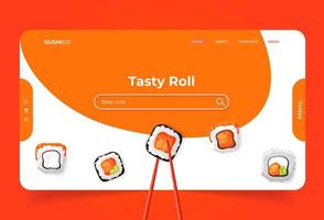 página de destino con rollos de sushi y palillos de madera en la página web. comida asiática. página de inicio con salmón vector