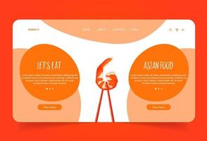 Landing page with fried shrimp in wooden chopsticks. Orange Web site for business company for asian food vector