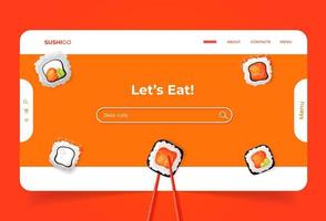 Landing page with sushi roll in wooden chopsticks. Web site for business company for asian food vector