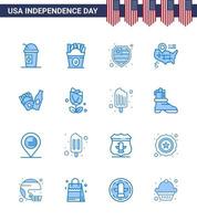 Blue Pack of 16 USA Independence Day Symbols of flower frise american bottle map Editable USA Day Vector Design Elements