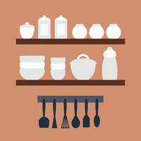 Vector kitchen utensils on shelves set. Flat style cooking tools isolated. Plates, bowls, bottles and pot