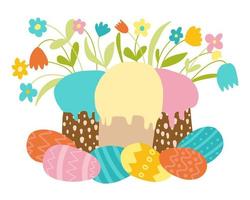 Easter greeting card. Happy Easter vector illustration. Cake with flowers and colored eggs.