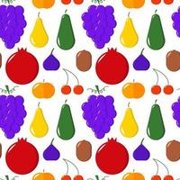 Different fruits seamless pattern. Vector fruits flat background. Grapes, kiwi, mango, cherry, pomegranate, peach, fig, avocado, pear, apple